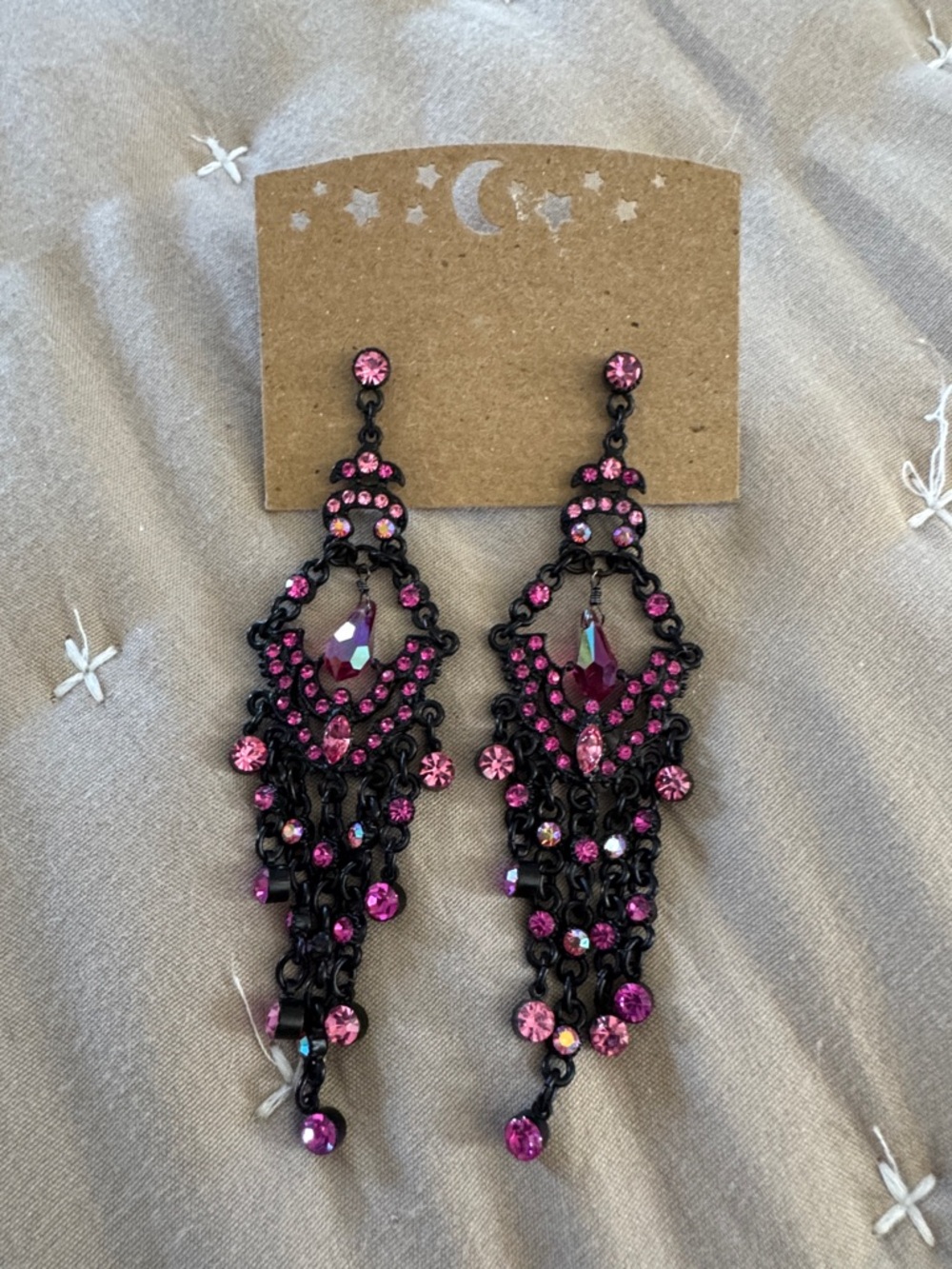 Bright Pink Crystal Teardrop Chandelier Earrings